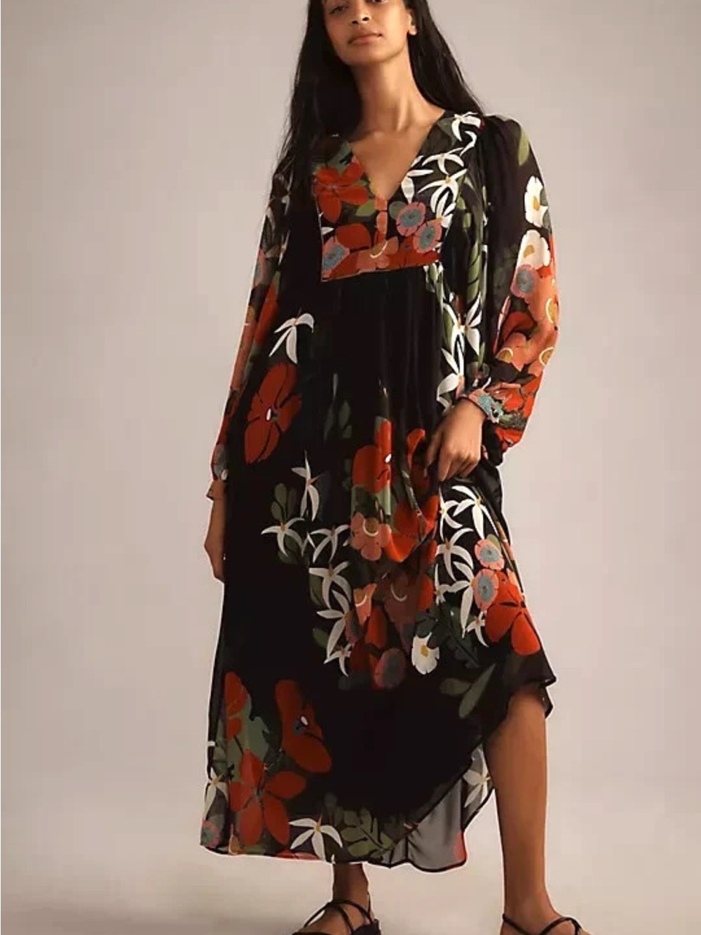 FARM Rio Black Maxi Dress with Red and Green Floral Print